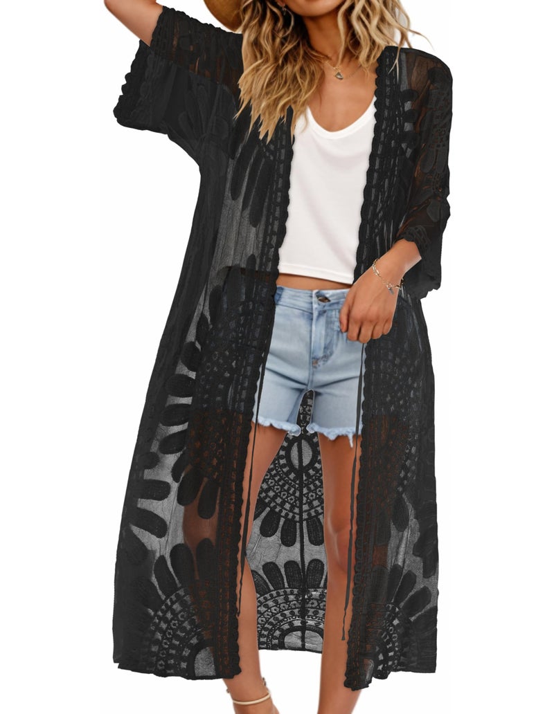 CHICGAL Womens Swimsuit Coverup Lace Bathing Suit Cover Up Beach Kimonos Long Cardigan Open Front Swimwear (Black,One Size) - Image 1