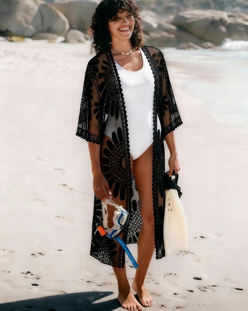 CHICGAL Womens Swimsuit Coverup Lace Bathing Suit Cover Up Beach Kimonos Long Cardigan Open Front Swimwear (Black,One Size) - Image 2