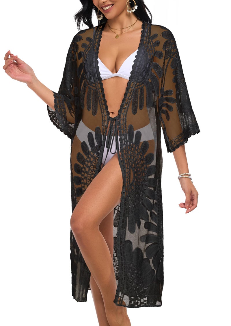 CHICGAL Womens Swimsuit Coverup Lace Bathing Suit Cover Up Beach Kimonos Long Cardigan Open Front Swimwear (Black,One Size) - Image 3