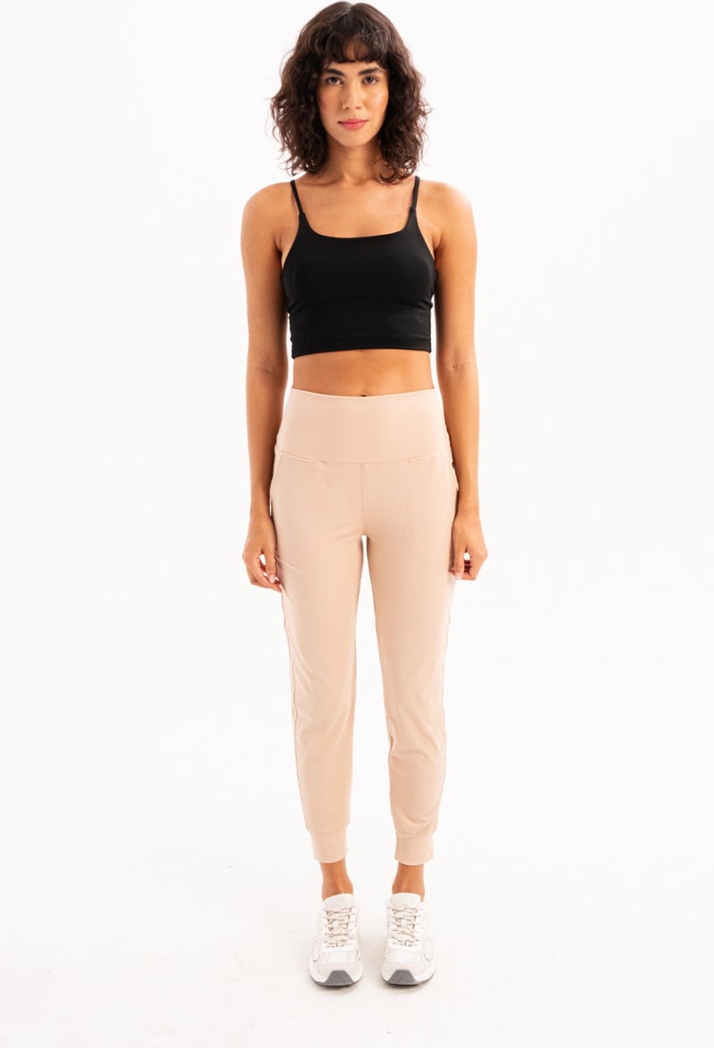 Justever High Waist Elastic Pocket Relaxed Cut Slimming Jogger Beige Women's Sweatpants - Beat  - Image 1