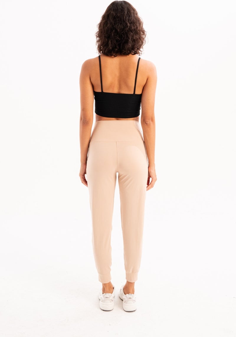 Justever High Waist Elastic Pocket Relaxed Cut Slimming Jogger Beige Women's Sweatpants - Beat  - Image 5