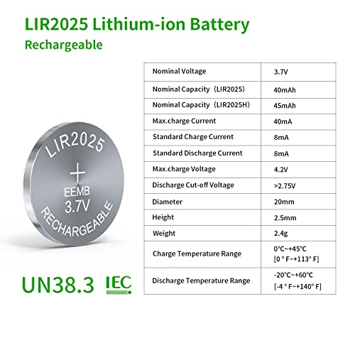 EEMB 4PCS LIR2025 Rechargeable Battery 3.7V Lithium-ion Coin Button Cell Batteries 40mAh - Image 2
