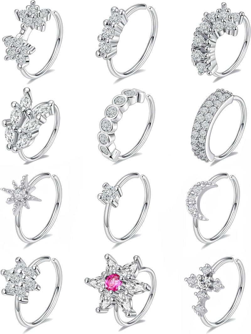 Tornito 10Pcs Nose Ring Hoop Paved Flower Leaf Feather CZ Cartilage Earrings Nose Piercing Jewelry for Women Men Silver Gold Rose Gold Tone 20G - Image 1