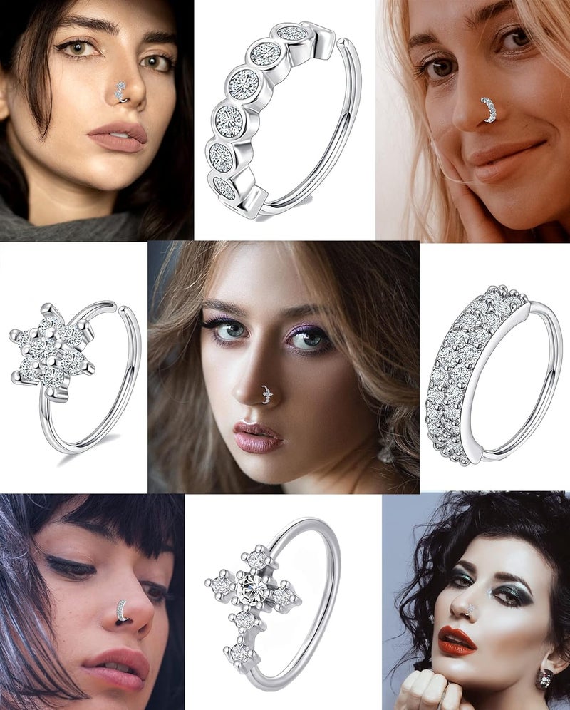 Tornito 10Pcs Nose Ring Hoop Paved Flower Leaf Feather CZ Cartilage Earrings Nose Piercing Jewelry for Women Men Silver Gold Rose Gold Tone 20G - Image 3