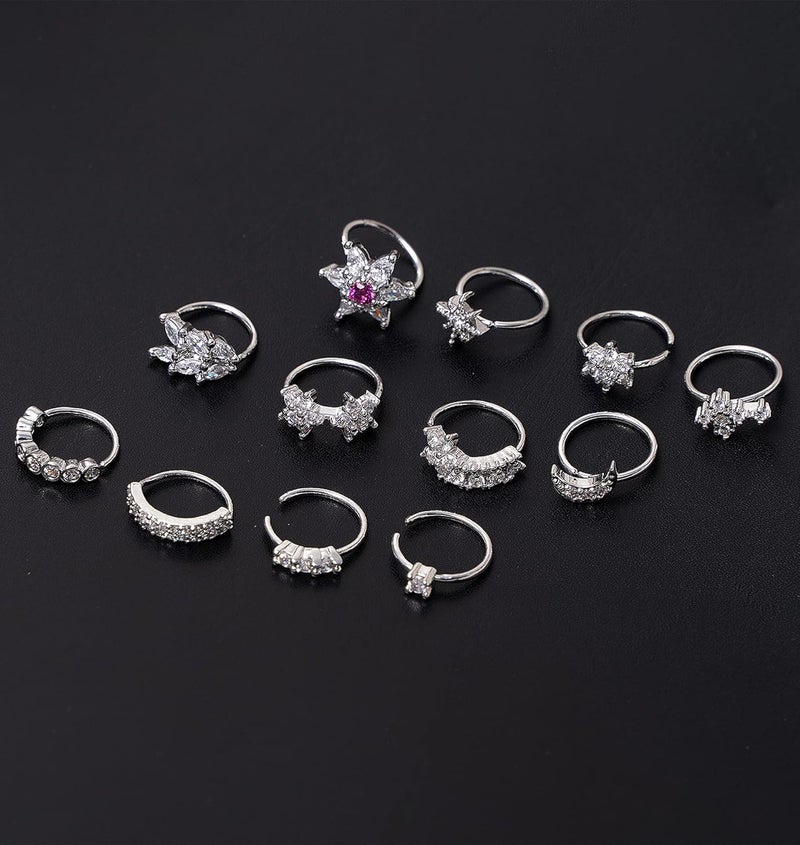 Tornito 10Pcs Nose Ring Hoop Paved Flower Leaf Feather CZ Cartilage Earrings Nose Piercing Jewelry for Women Men Silver Gold Rose Gold Tone 20G - Image 5