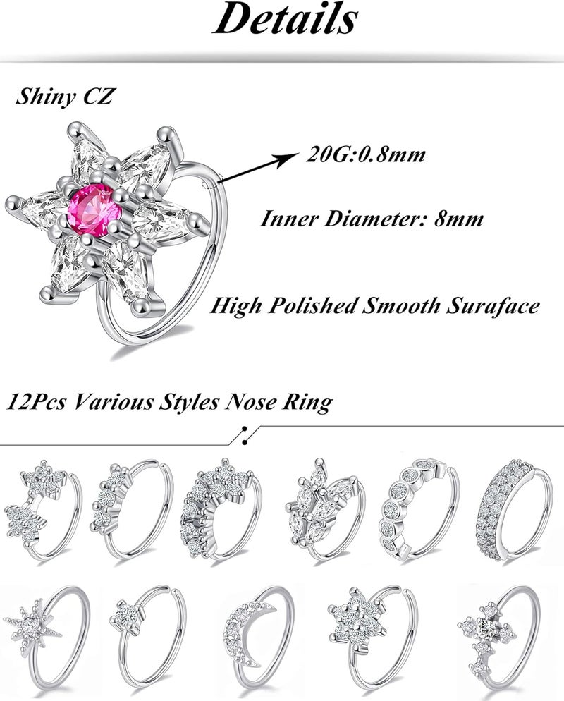 Tornito 10Pcs Nose Ring Hoop Paved Flower Leaf Feather CZ Cartilage Earrings Nose Piercing Jewelry for Women Men Silver Gold Rose Gold Tone 20G - Image 2