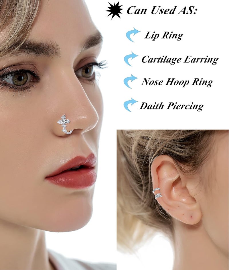 Tornito 10Pcs Nose Ring Hoop Paved Flower Leaf Feather CZ Cartilage Earrings Nose Piercing Jewelry for Women Men Silver Gold Rose Gold Tone 20G - Image 4