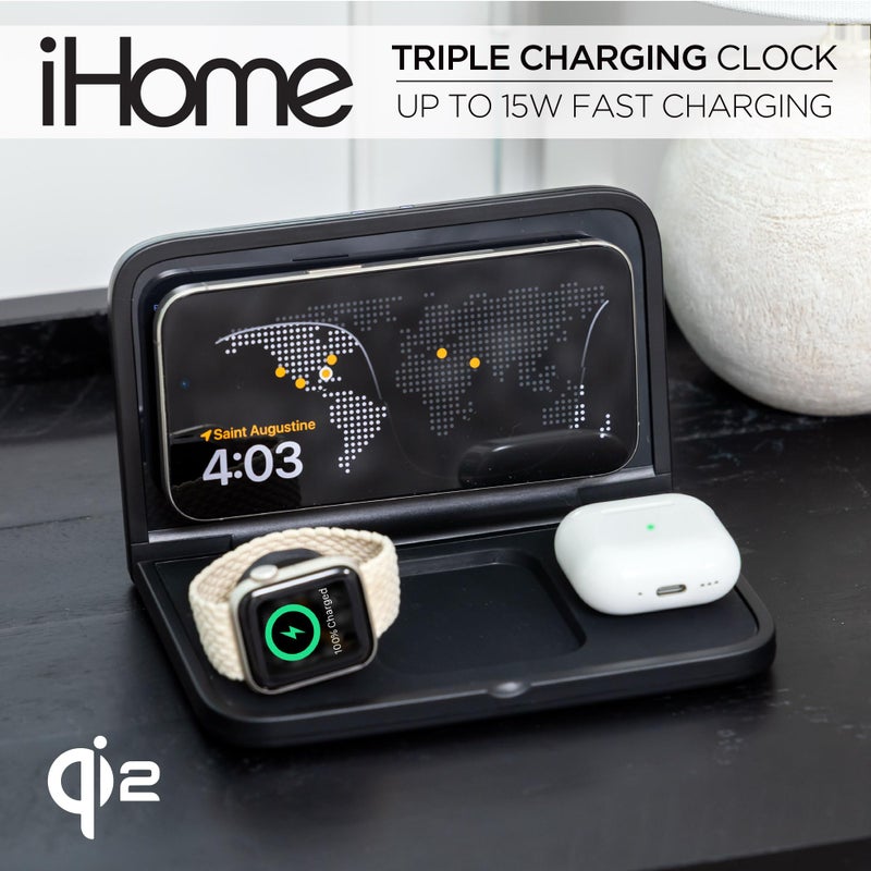 iHome Alarm Clock with Wireless Charging, Digital Alarm Clock for Bedroom Includes Wireless Charger for iPhone, AirPods, and Apple Watch (iWW7) - Image 2