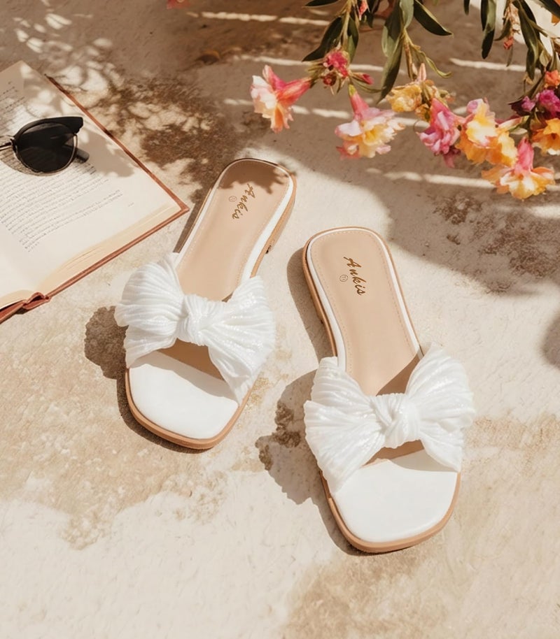 Ankis Womens Pleated Bow Flat Sandals White Sandals for Women 2026 Dressy, Comfortable Open Toe Dress Sandals for Summer Beach Wedding Party Graduation Slip On Slides Sandals - Image 3