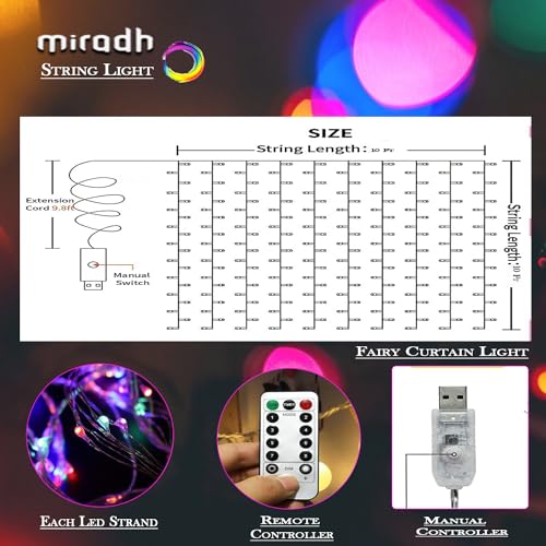 MIRADH 300 LED Fairy Curtain String Lights – USB Powered Remote-Controlled Backdrop, Warm Ambience for Diwali, Navratri, Christmas & New Year Décor,(Multi) - Image 2