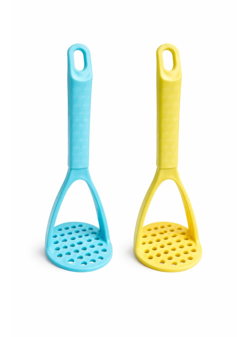 Manual Plastic Potato and Food Masher with Ergonomic Grip, Non-Scratch for Non-Stick Cookware - (Light Blue / Yellow) - Image 1
