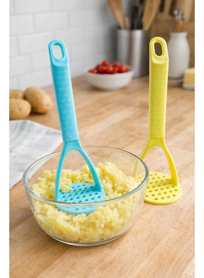 Manual Plastic Potato and Food Masher with Ergonomic Grip, Non-Scratch for Non-Stick Cookware - (Light Blue / Yellow) - Image 3