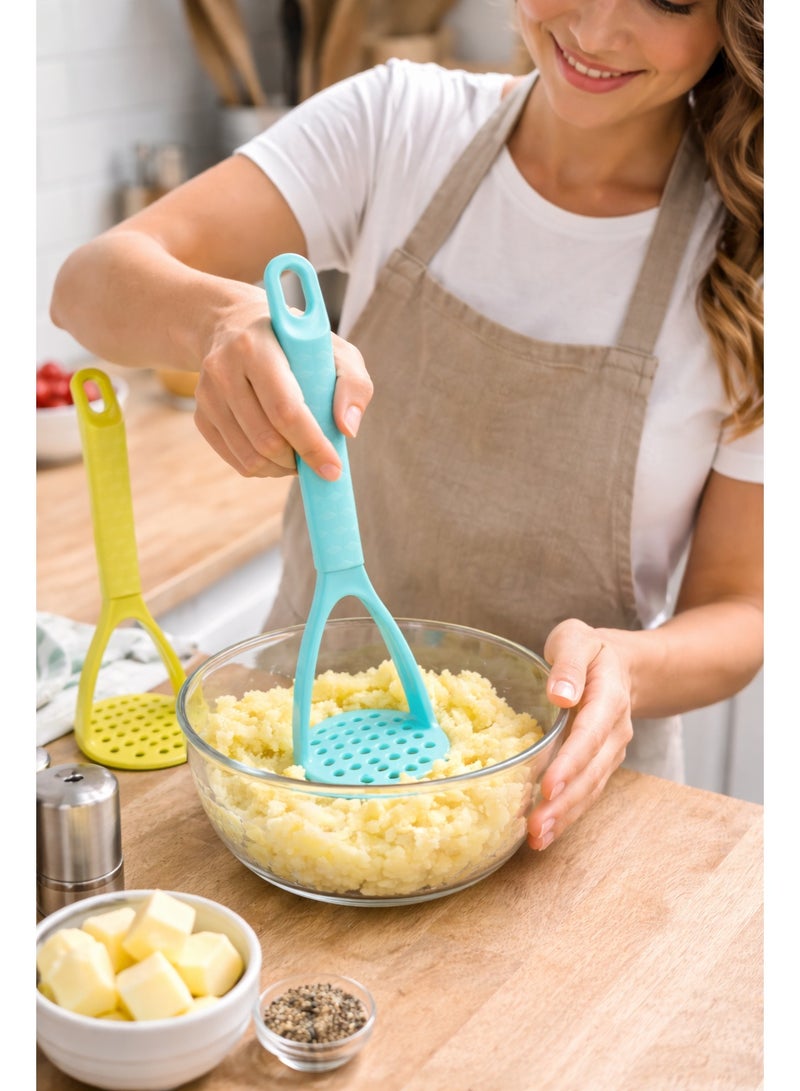 Manual Plastic Potato and Food Masher with Ergonomic Grip, Non-Scratch for Non-Stick Cookware - (Light Blue / Yellow) - Image 2