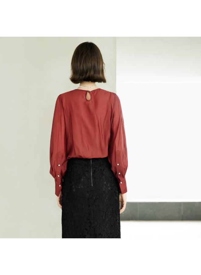 Yanyee Red Long-sleeve Round Neck Blouse For Women Autumn High-end Elegant Top Fashionable Shirt, Red, L/40 - Image 3