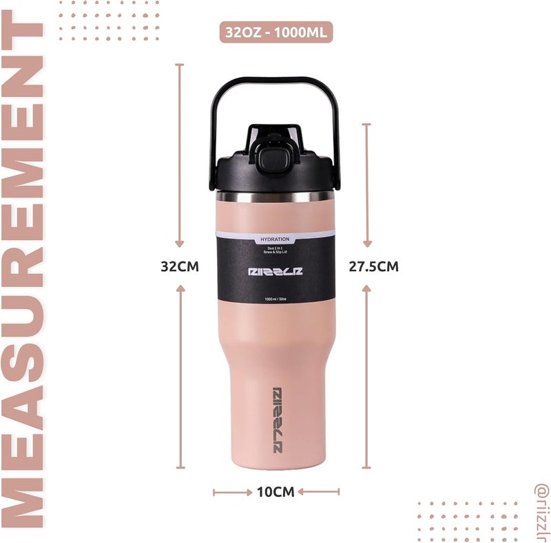 Riizzlr 1000ml Insulated Water Bottle Tumbler with 2-in-1 Straw & Sip Lid – Stainless Steel Vacuum Flask, Double Wall, BPA-Free, Leakproof, Wide Mouth, Keeps Drinks Hot 12H / Cold 24H (Dusty Pink) - Image 4