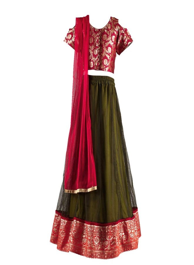 TWISHA Stylish brocade Cold Shoulder choli with designer lehenga With Dupatta-Olive-3Y - Image 1