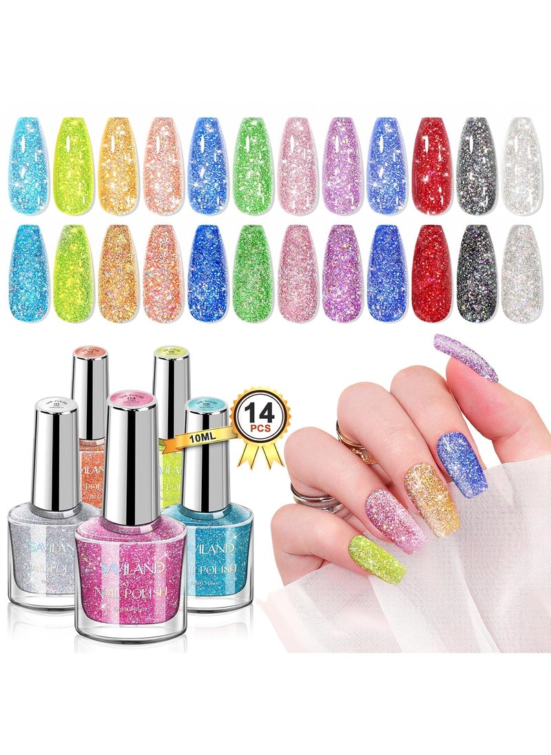 Saviland SAVILAND 12 Colors Glitter Nail Polish Set: Quick Dry Nail Lacquer Set Green Red Diamond Sparkly Shiny Nail Polish with Base Top Polish Coat 0.34oz Nail-Varnish for Fingernail Toenail Manicure Art DIY 