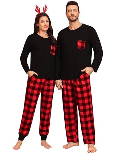 YOZLY Couples Matching Pajamas Sets Family Christmas Plaid Pajamas for Men Women Festival Party Pjs Set Black Red Plaid Medium Women - Image 1