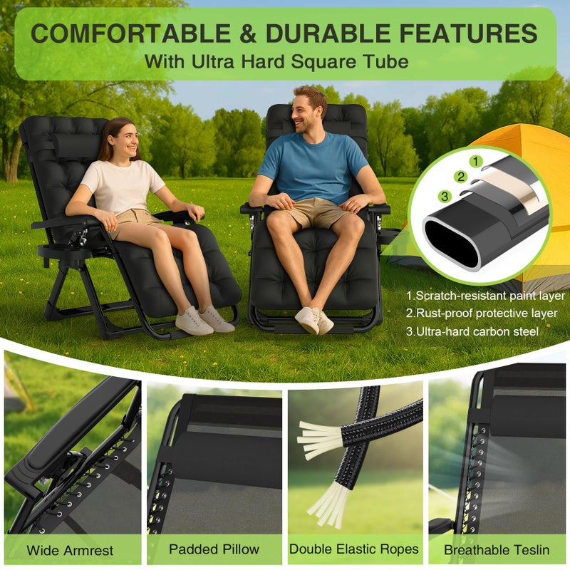 Suteck Zero Gravity Chair Set of 2, Reclining Camping Lounge Chair w/Removable Cushion, Upgraded Lock and Cup Holder, Reclining Patio Chairs Folding Recliner for Indoor and Outdoor - Image 5