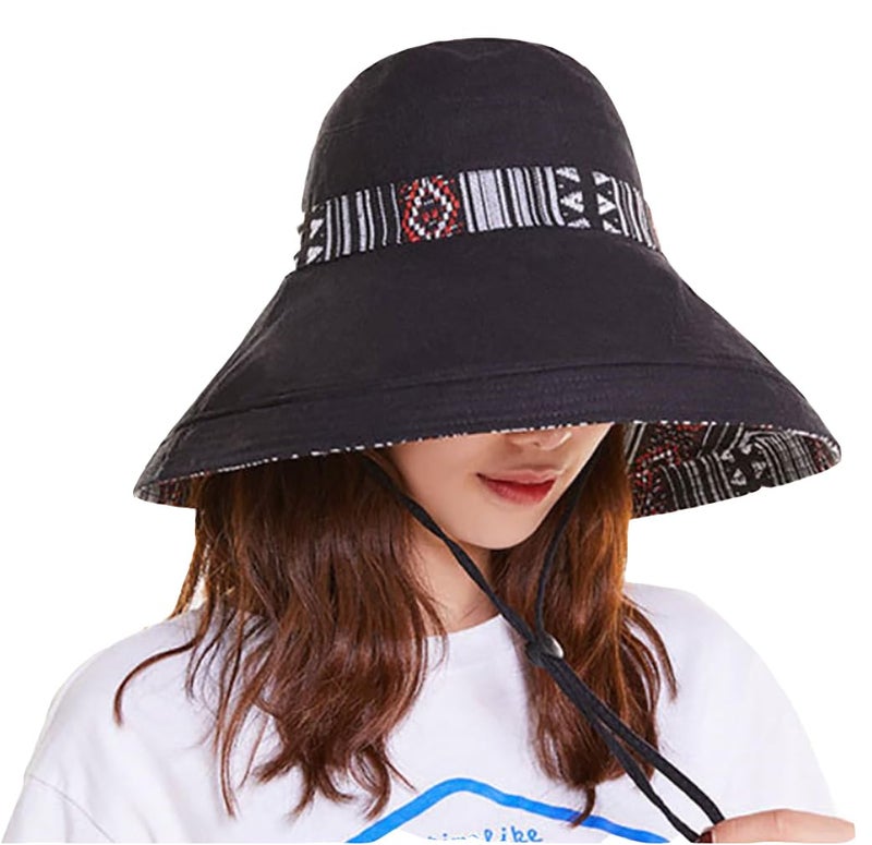 RUINUO Womens Bucket Sun Hat Travel Packable Stripe Fashion Bucket Hats for Spring Summer Autumn Black - Image 1