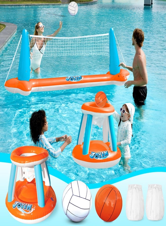 JOYIN XL Inflatable Pool Float Set, 125'' Volleyball Net & Basketball Hoops, Extra Large Floating Swimming Game Toy for Kids and Adults, Summer Floaties, Volleyball Court|Basketball, XL-Orange - Image 1