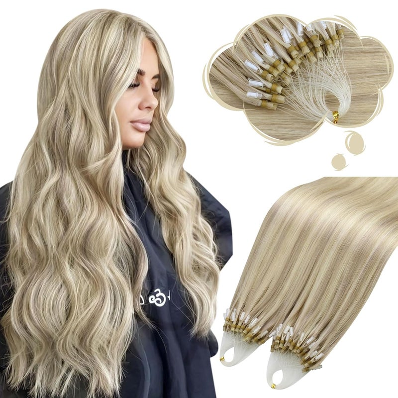 Moresoo Micro Ring Hair Extensions Blonde Highlight Microlink Hair Extensions Human Hair Ash Blonde Mix Bleach Blonde Hair Extensions Micro Link Human Hair Micro Ring Extensions P18613 50G50S 14In