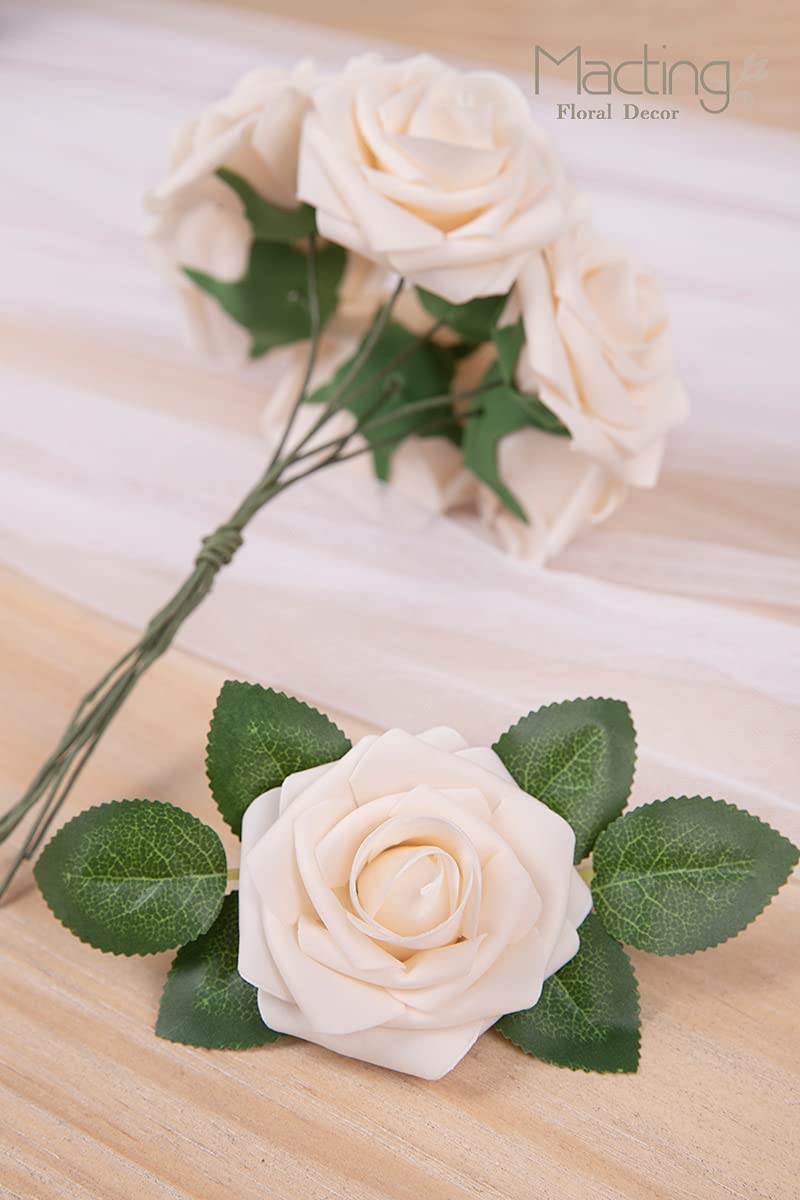 MACTING Artificial Flower Roses 30PCS Real Touch Fake Flowers with Stem Foam Roses for DIY Wedding Bouquet Table Centerpieces Bridal Shower Party Home Spring Valentines Day Decorations (Cream) - Image 3