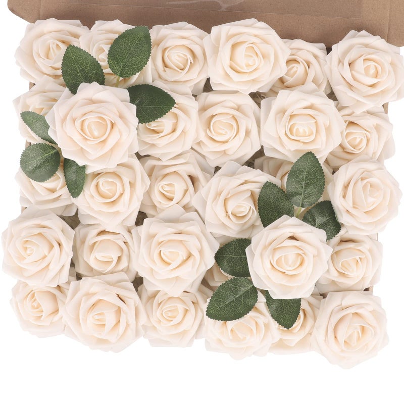 MACTING Artificial Flower Roses 30PCS Real Touch Fake Flowers with Stem Foam Roses for DIY Wedding Bouquet Table Centerpieces Bridal Shower Party Home Spring Valentines Day Decorations (Cream) - Image 1