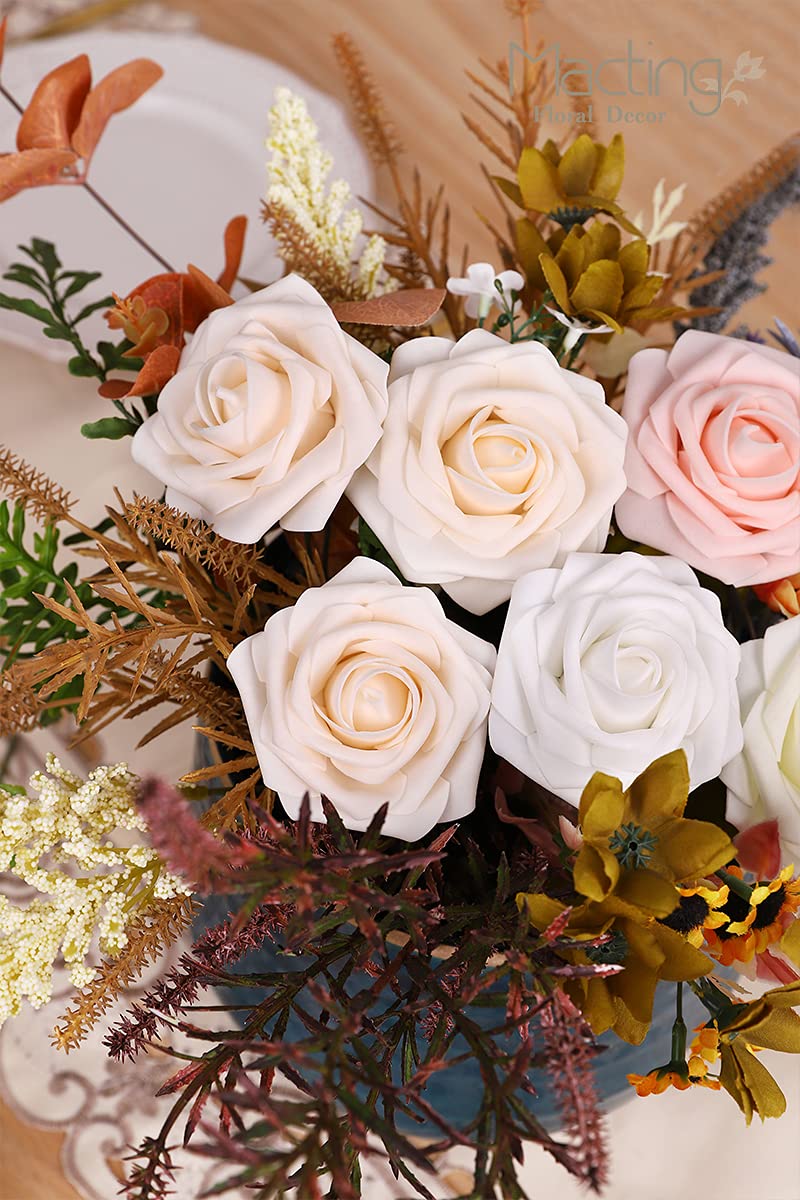 MACTING Artificial Flower Roses 30PCS Real Touch Fake Flowers with Stem Foam Roses for DIY Wedding Bouquet Table Centerpieces Bridal Shower Party Home Spring Valentines Day Decorations (Cream) - Image 2