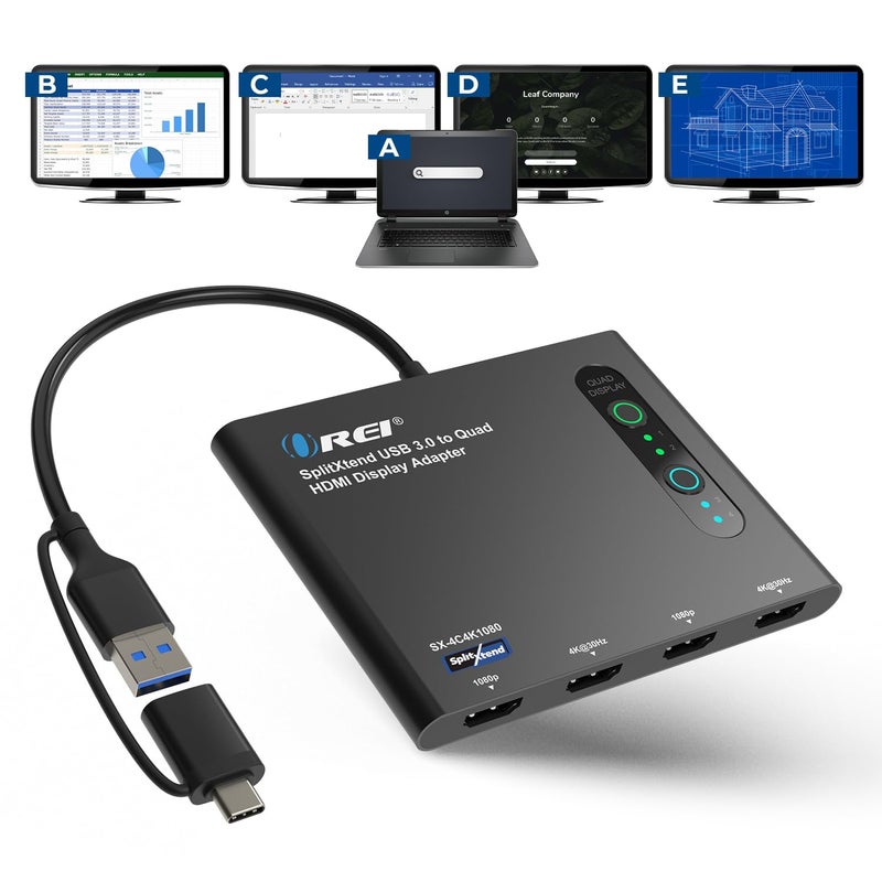 OREI SplitExtend HDMI Splitter Extended Display for Quad Monitor - Laptop Multiple Monitor Adapter with 4 Displays - USB-C to HDMI Adapter, 2X 4K@30Hz & 2X 1080p - Drivers Required - Windows/Mac - Image 1