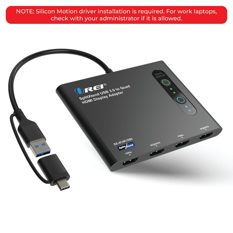 OREI SplitExtend HDMI Splitter Extended Display for Quad Monitor - Laptop Multiple Monitor Adapter with 4 Displays - USB-C to HDMI Adapter, 2X 4K@30Hz & 2X 1080p - Drivers Required - Windows/Mac - Image 2