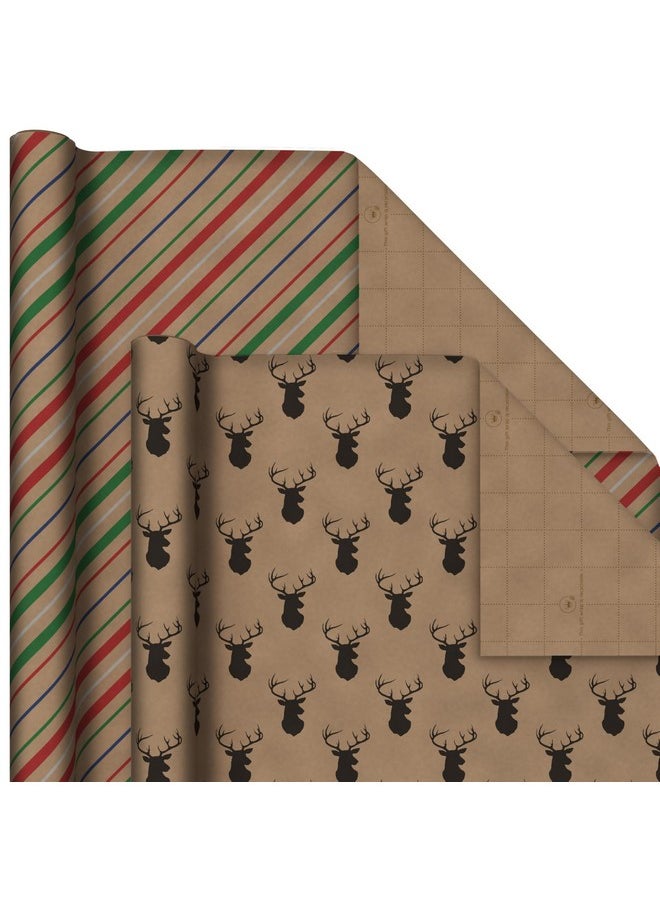 Hallmark Hallmark Recyclable Christmas Wrapping Paper for Kids with Cut Lines on Reverse (4 Rolls: 88 sq. ft. ttl) Kraft Brown with Christmas Lights, Deer, Snowflakes, Red, Green, Blue Stripes (0005JXW1212)  - Image 5