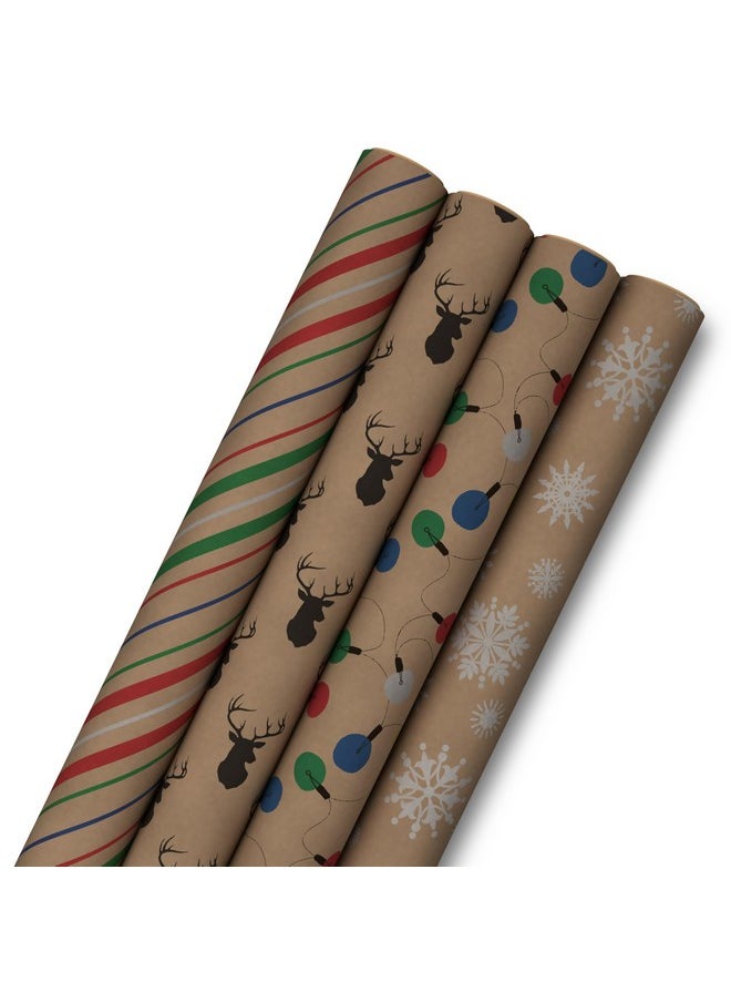 Hallmark Hallmark Recyclable Christmas Wrapping Paper for Kids with Cut Lines on Reverse (4 Rolls: 88 sq. ft. ttl) Kraft Brown with Christmas Lights, Deer, Snowflakes, Red, Green, Blue Stripes (0005JXW1212)  - Image 1