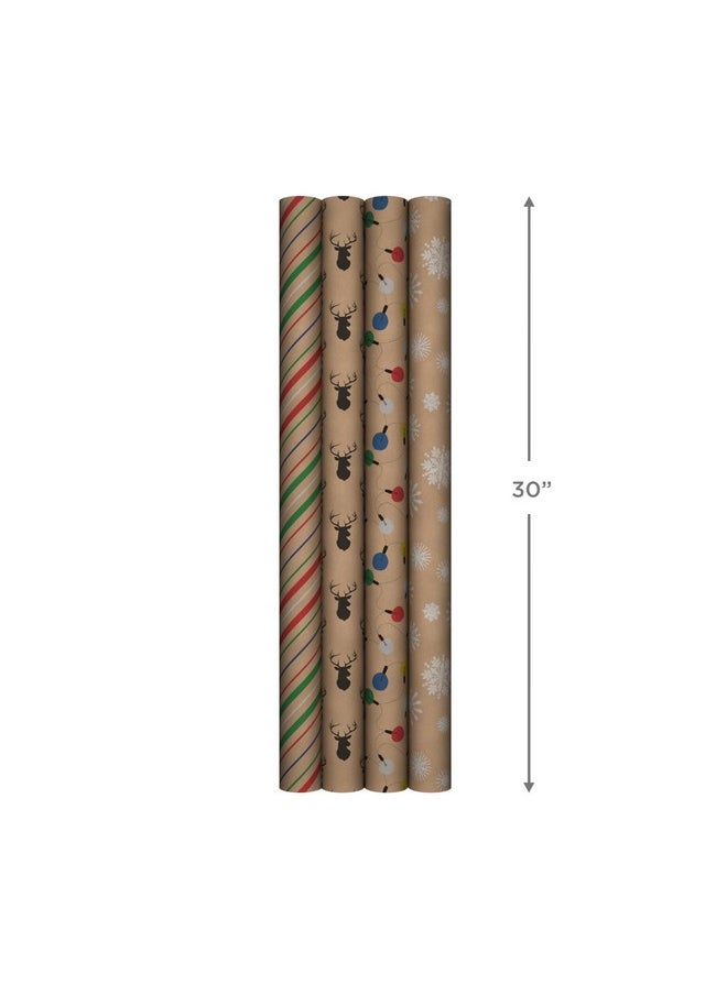 Hallmark Hallmark Recyclable Christmas Wrapping Paper for Kids with Cut Lines on Reverse (4 Rolls: 88 sq. ft. ttl) Kraft Brown with Christmas Lights, Deer, Snowflakes, Red, Green, Blue Stripes (0005JXW1212)  - Image 3