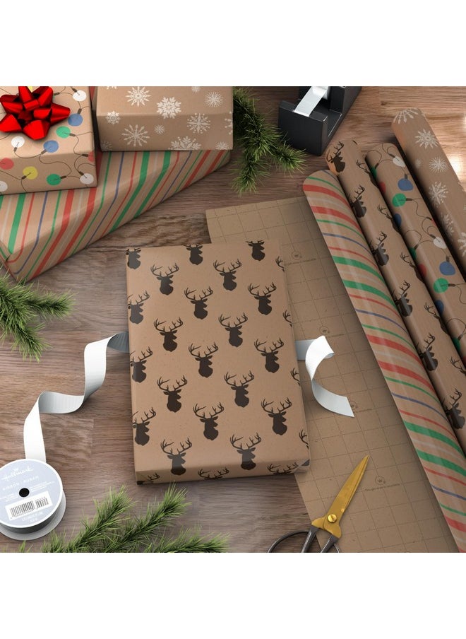 Hallmark Hallmark Recyclable Christmas Wrapping Paper for Kids with Cut Lines on Reverse (4 Rolls: 88 sq. ft. ttl) Kraft Brown with Christmas Lights, Deer, Snowflakes, Red, Green, Blue Stripes (0005JXW1212)  - Image 2