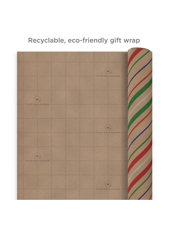 Hallmark Hallmark Recyclable Christmas Wrapping Paper for Kids with Cut Lines on Reverse (4 Rolls: 88 sq. ft. ttl) Kraft Brown with Christmas Lights, Deer, Snowflakes, Red, Green, Blue Stripes (0005JXW1212)  - Image 4