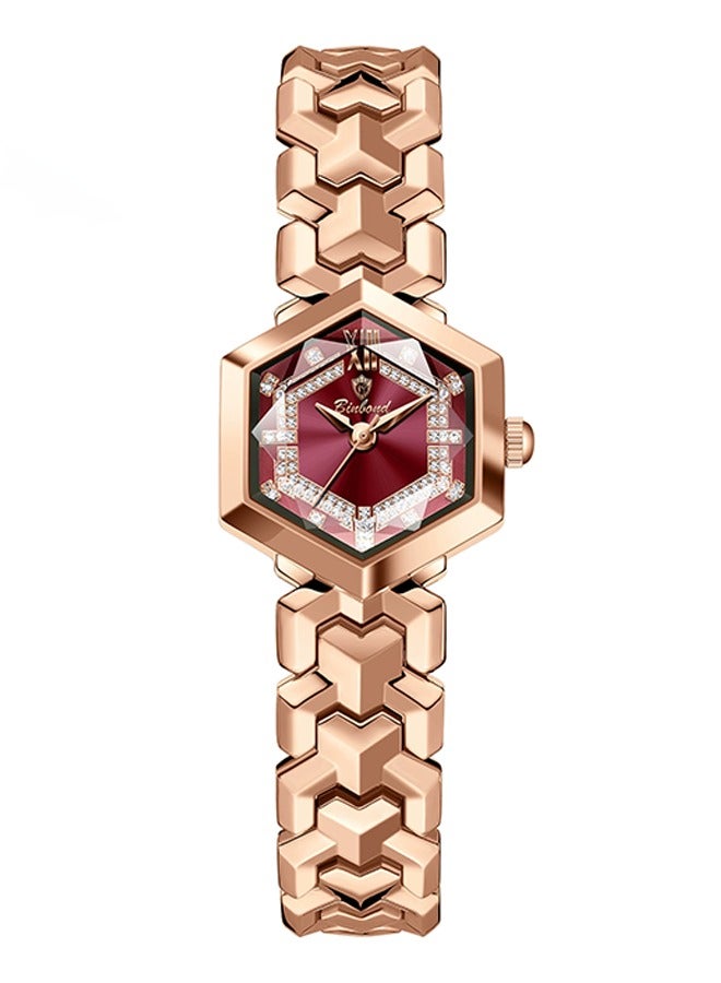 BINBOND ​​BINBOND Women's Fashion Watch - Rose Gold-Tone Case with Red Polygonal Dial, 3D Cut Glass Lens, 30M Water Resistance, Modern Light Luxury Style for Daily Wear & Special Occasions​​ - Image 1