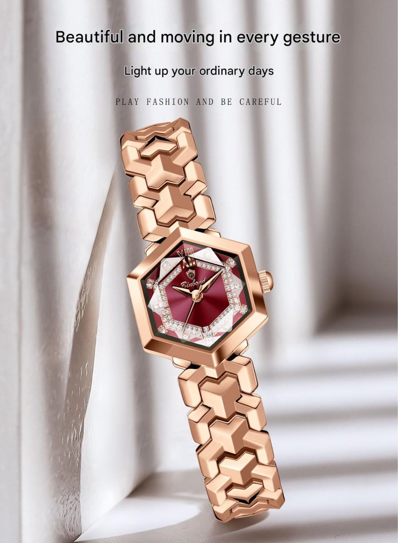 BINBOND ​​BINBOND Women's Fashion Watch - Rose Gold-Tone Case with Red Polygonal Dial, 3D Cut Glass Lens, 30M Water Resistance, Modern Light Luxury Style for Daily Wear & Special Occasions​​ - Image 3