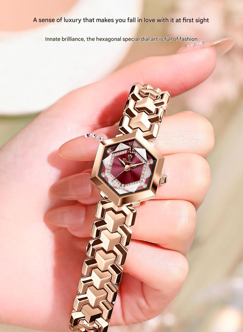 BINBOND ​​BINBOND Women's Fashion Watch - Rose Gold-Tone Case with Red Polygonal Dial, 3D Cut Glass Lens, 30M Water Resistance, Modern Light Luxury Style for Daily Wear & Special Occasions​​ - Image 4