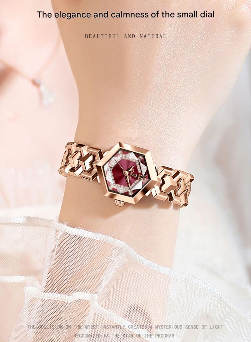 BINBOND ​​BINBOND Women's Fashion Watch - Rose Gold-Tone Case with Red Polygonal Dial, 3D Cut Glass Lens, 30M Water Resistance, Modern Light Luxury Style for Daily Wear & Special Occasions​​ - Image 5