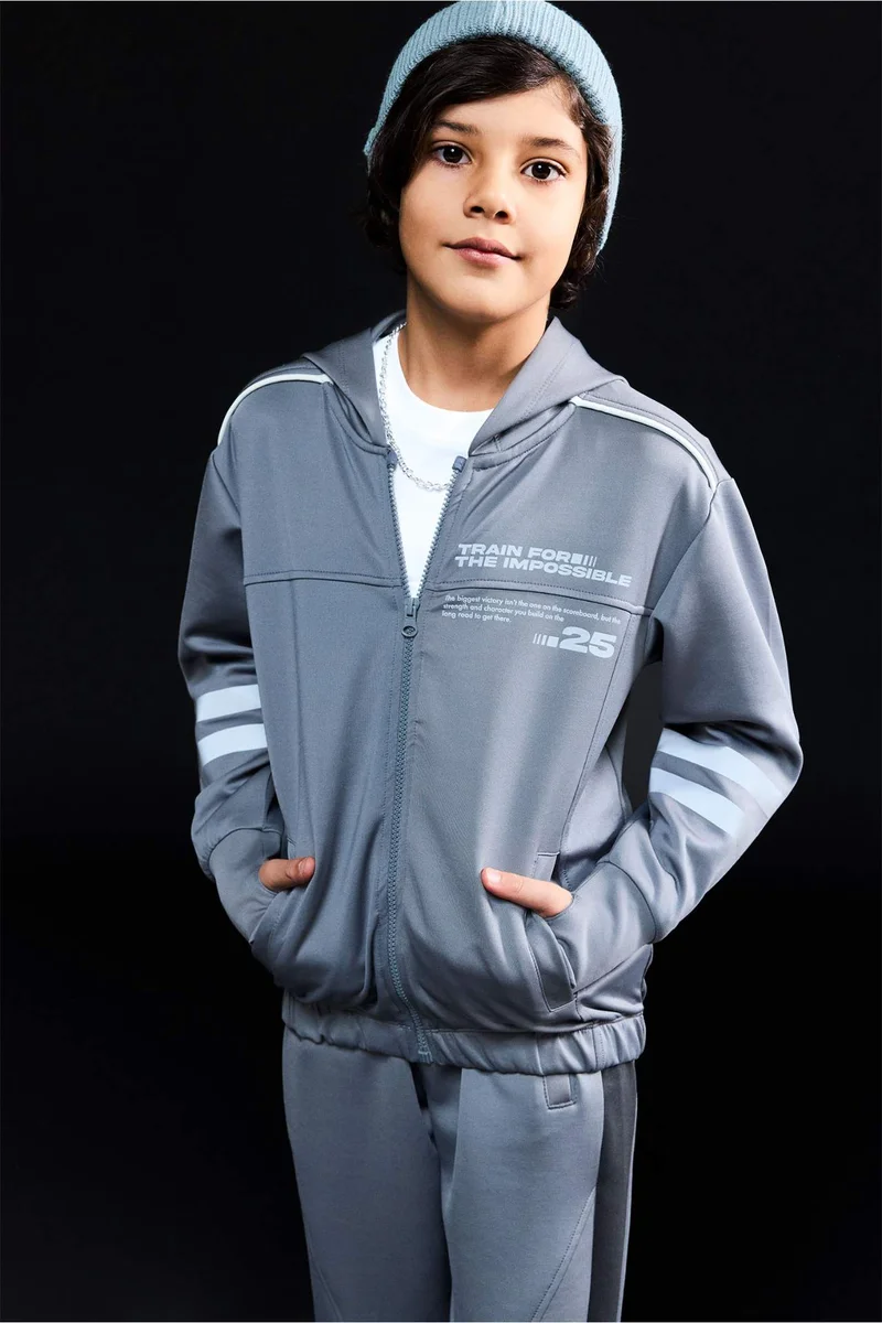 DeFacto Boy Oversize Fit Hooded Slogan Zip-Up Hoodie