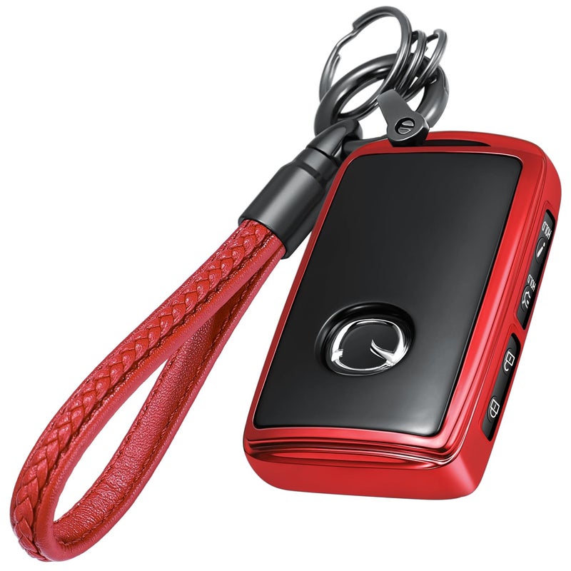 Lcyam Key Fob Cover Case Key Holder with Leather Keychain for Mazda 2025 2026 CX5 CX30 Mazda3 CX50 CX90 PHEV MX5 Red - Image 3