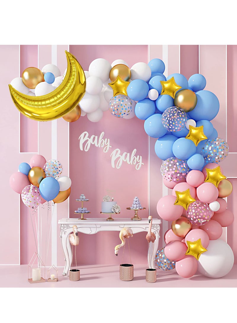 KASTWAVE Gender Reveal Theme Balloon Kit, 126 Pieces Pink and Blue Balloon Garland Arch Party Balloon Kit Gold Foil Moon and Star Latex Balloons Birthday Wedding Decoration Supplies - Image 1