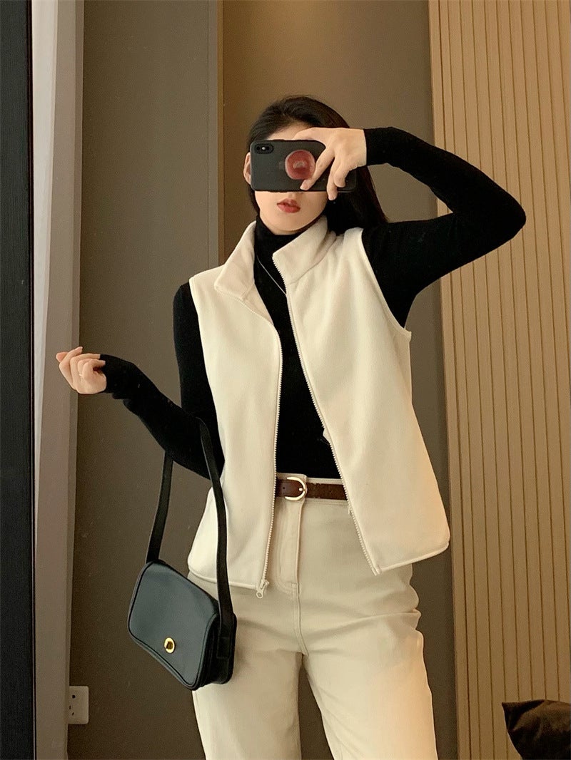Men And Women Of The Same Style! Fleece Fleece Vest Vest Inner Tank High Collar Zipper Cardigan Stacked Jacket All-Match - Image 3