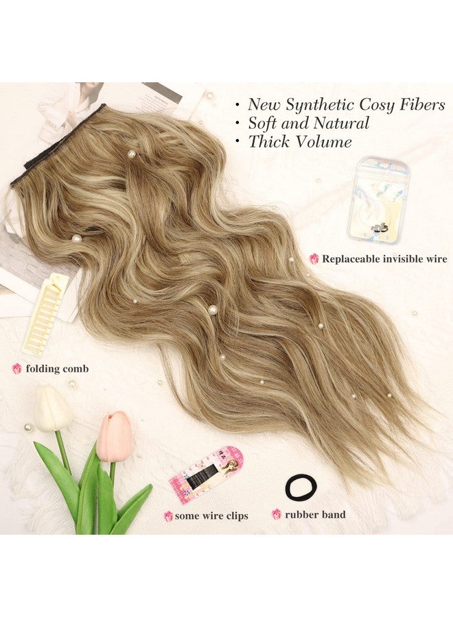 MORICA Invisible Wire Hair Extensions - 20 Inch Halo Hair Extensions Mixed Blonde Long Wavy Synthetic Hairpiece With Transparent Wire Adjustable Size, 4 Secure Clips For Women - Image 1