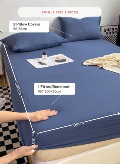 LUNA Home 3-Piece Set: single-size fitted bedsheet and two pillowcases, washable cotton in a blue color.  - Image 2