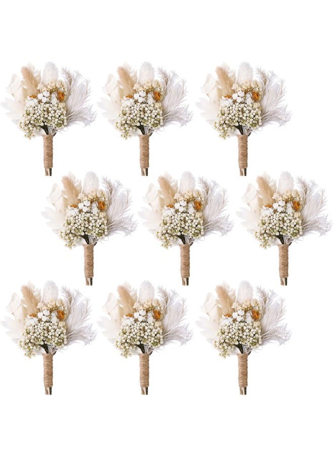 Fabbay 9 Pcs Wedding Dried Flowers Boutonniere for Men Boho Wedding Party Prom Corsage Boho Wedding Decorations Wedding Grooms Buttonhole for Groom and Groomsmen Ceremony Decoration (Cute Style) - Image 1