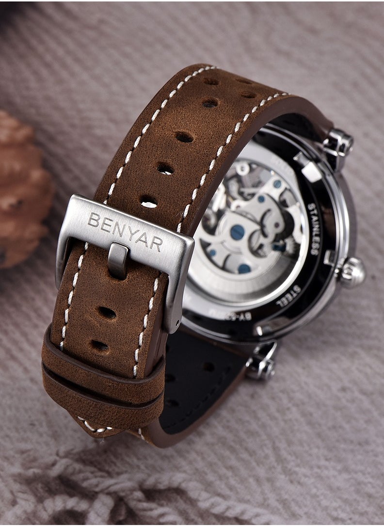 BENYAR - Men's Automatic Watches 40mm Skeleton Stainless Steel Fashion Wrist Watch for Men Leather Watchband - Image 1