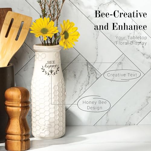 Young's Inc. Ceramic Flower Vase (Bee Happy) - White Ceramic Vase - Honeycomb Decor - 3" L x 3" W x 8" H Contains one Flower vase - Image 3