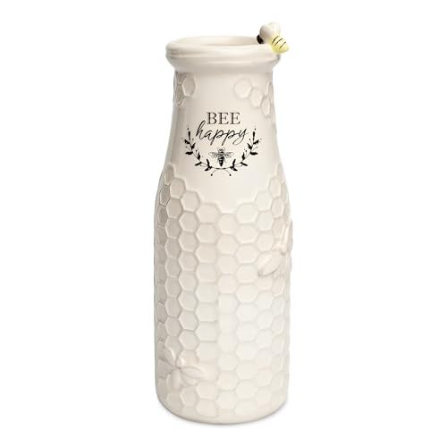 Young's Inc. Ceramic Flower Vase (Bee Happy) - White Ceramic Vase - Honeycomb Decor - 3" L x 3" W x 8" H Contains one Flower vase - Image 1